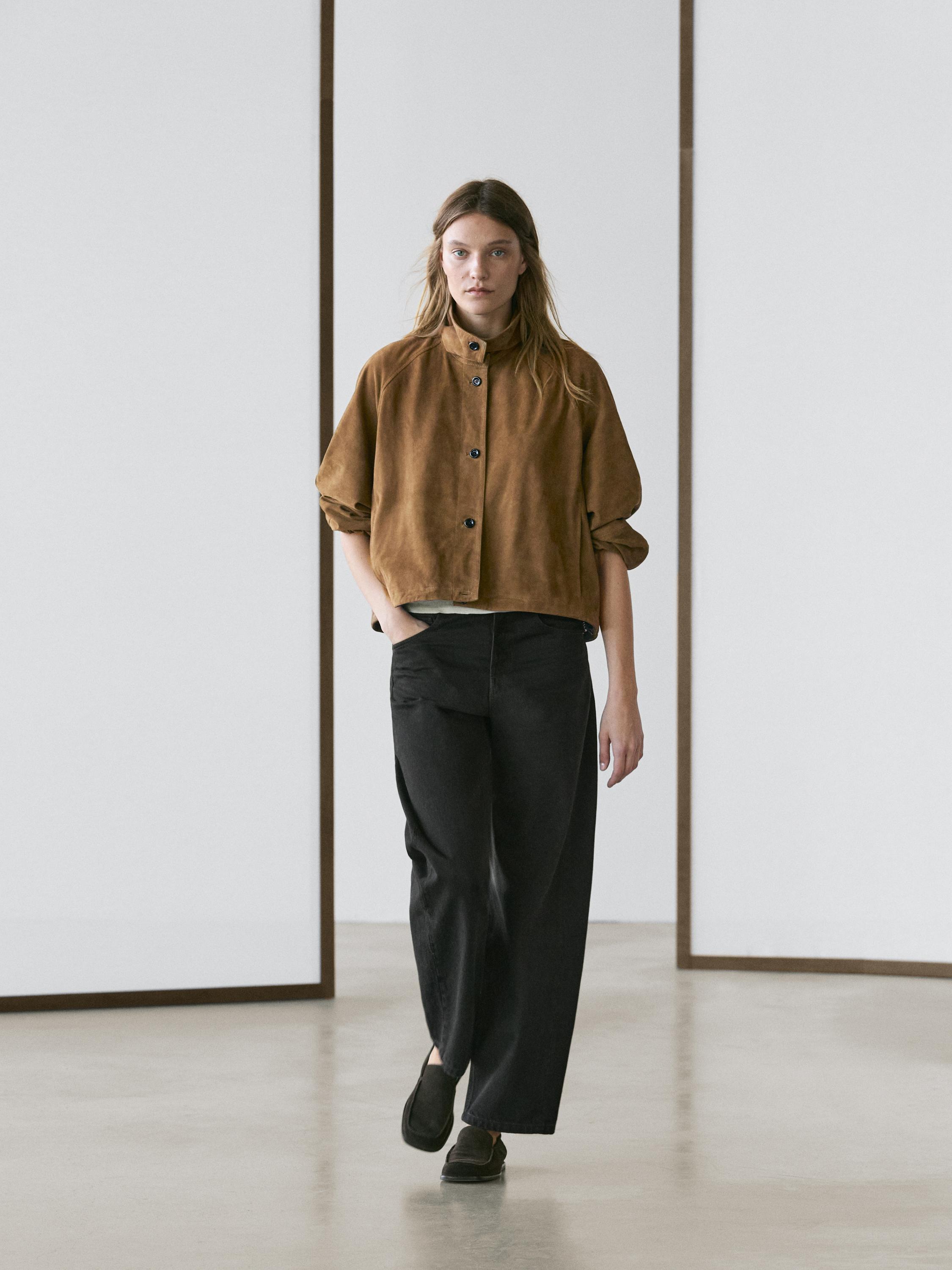 Veste bomber courte en cuir effet daim